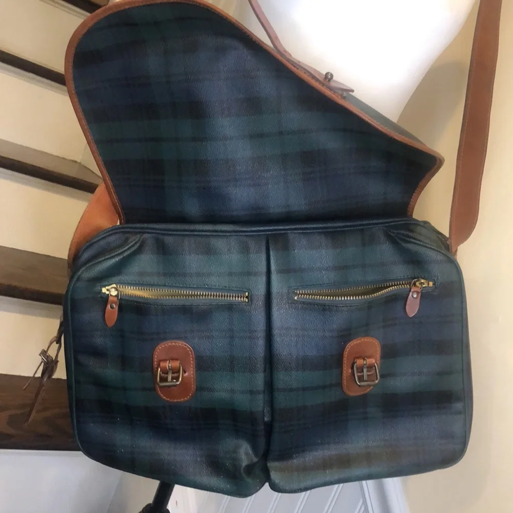 RALPH LAUREN Black Watch Plaid Crossbody Computer Messenger Tote Bag Vintage